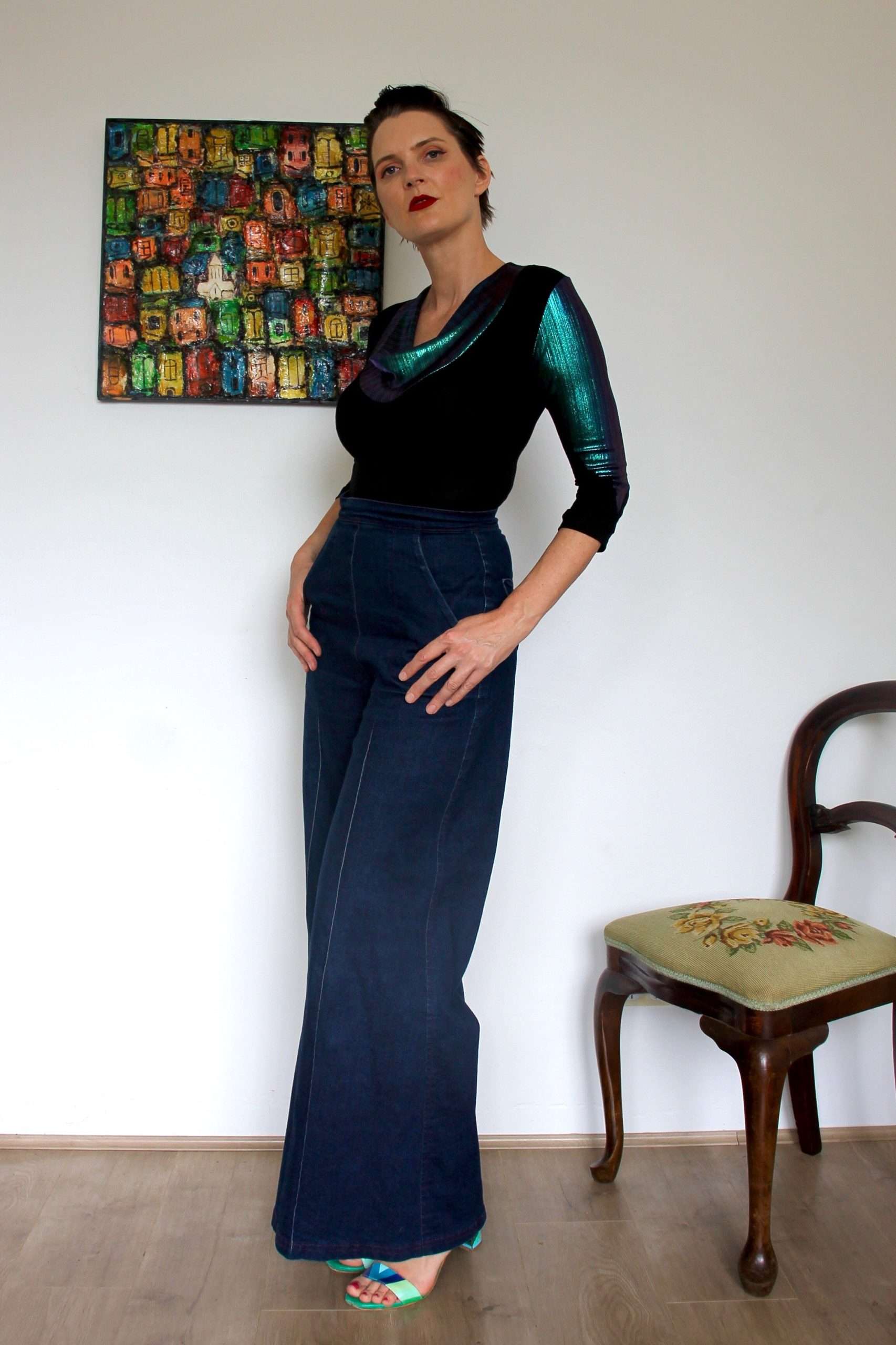 Cowl Neck Knit Top with Iridescent Blue Metallic