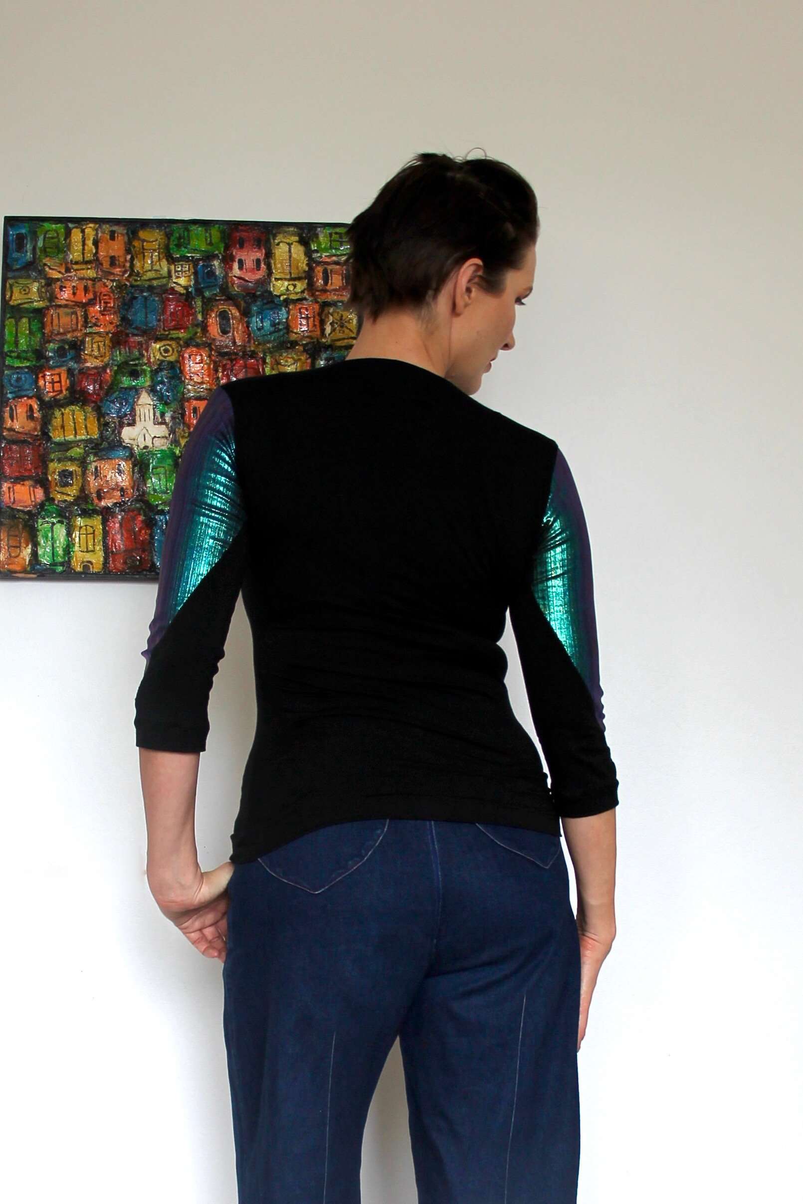Cowl Neck Knit Top with Iridescent Blue Metallic