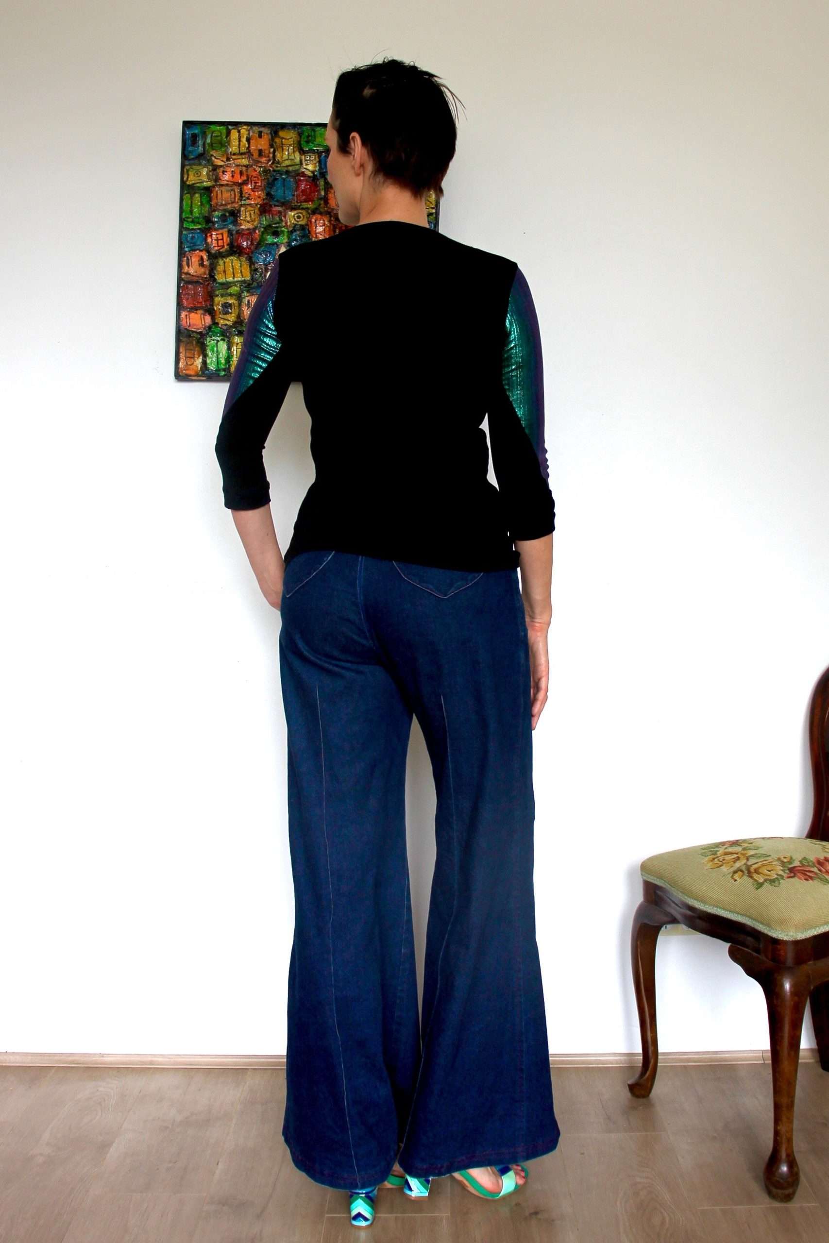 Cowl Neck Knit Top with Iridescent Blue Metallic