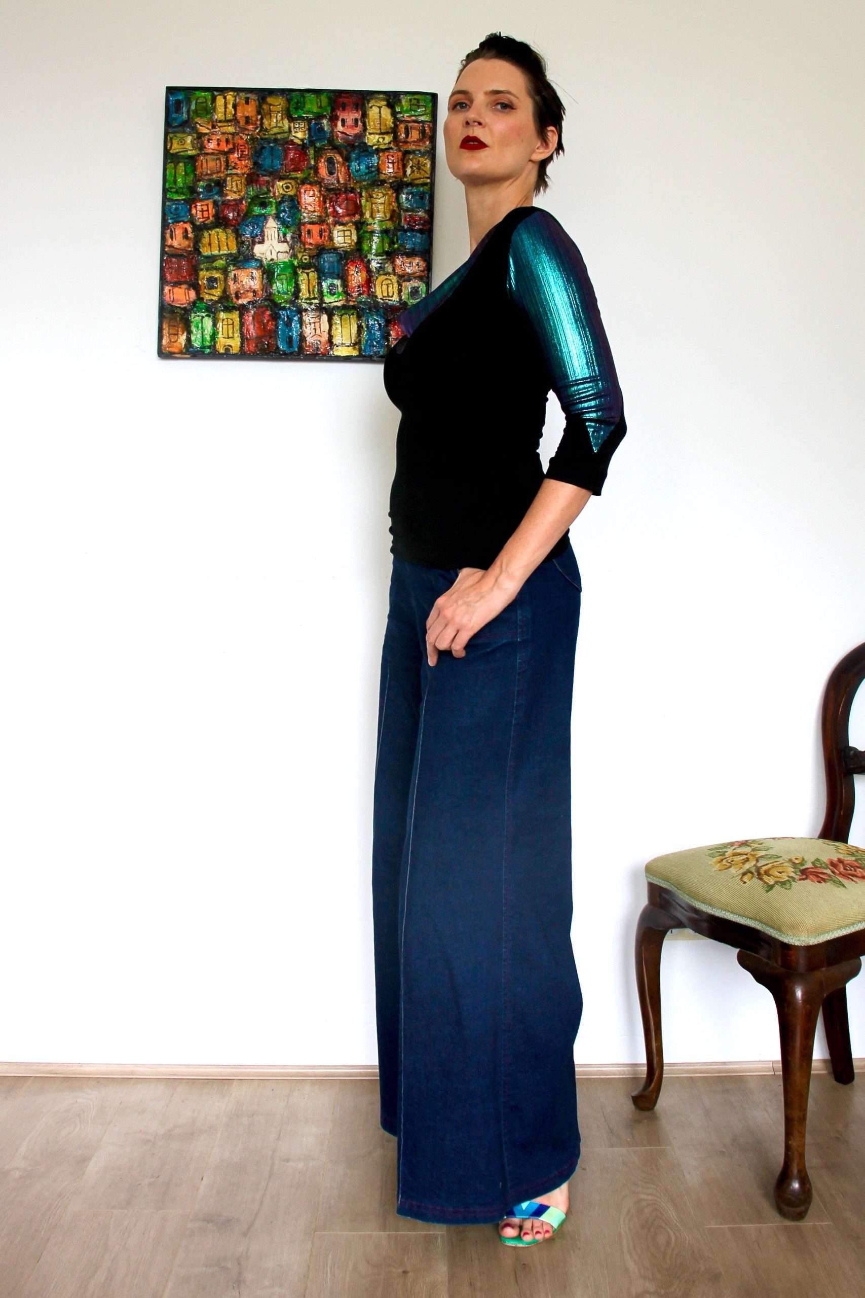 Cowl Neck Knit Top with Iridescent Blue Metallic