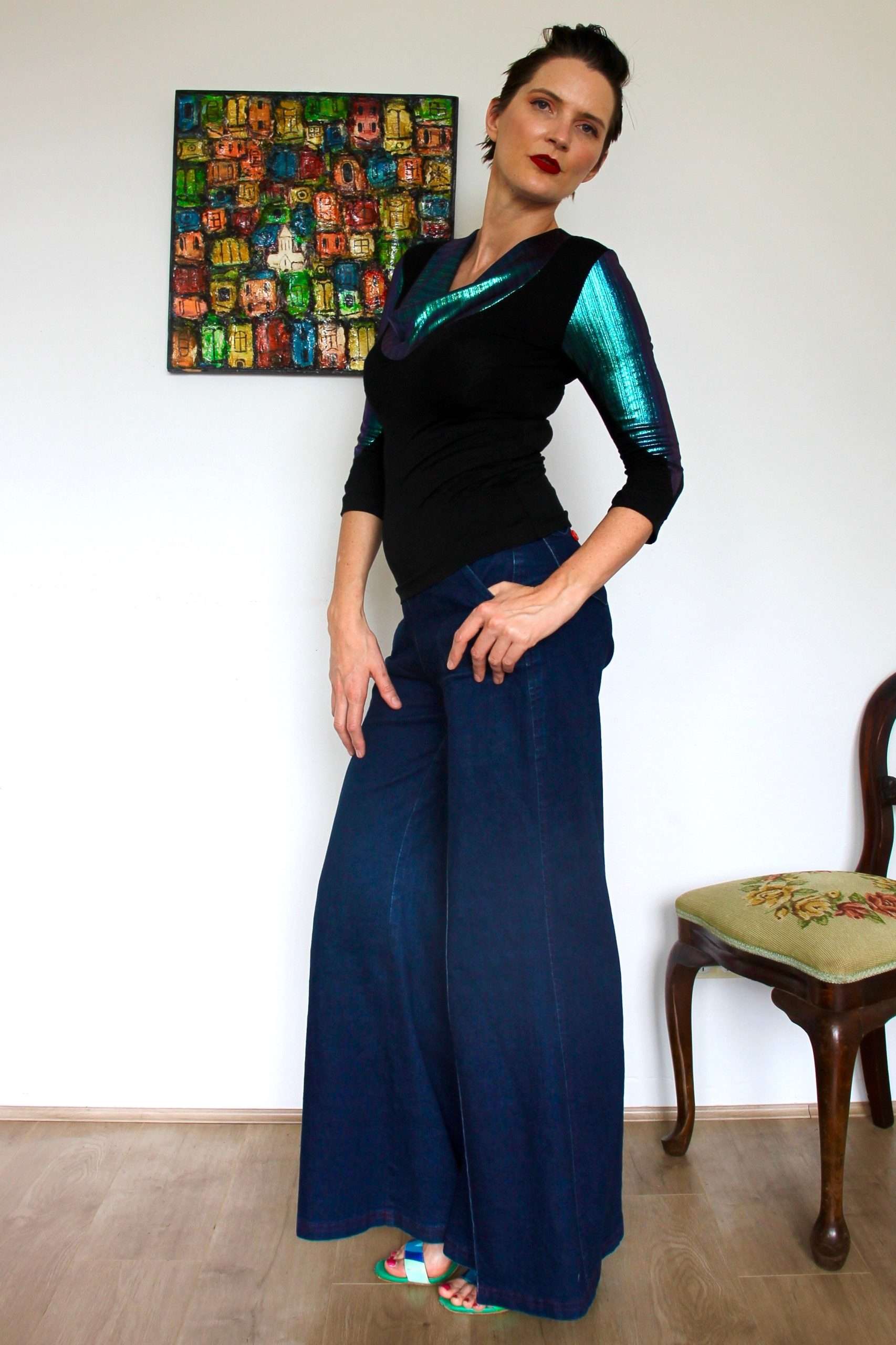 Cowl Neck Knit Top with Iridescent Blue Metallic