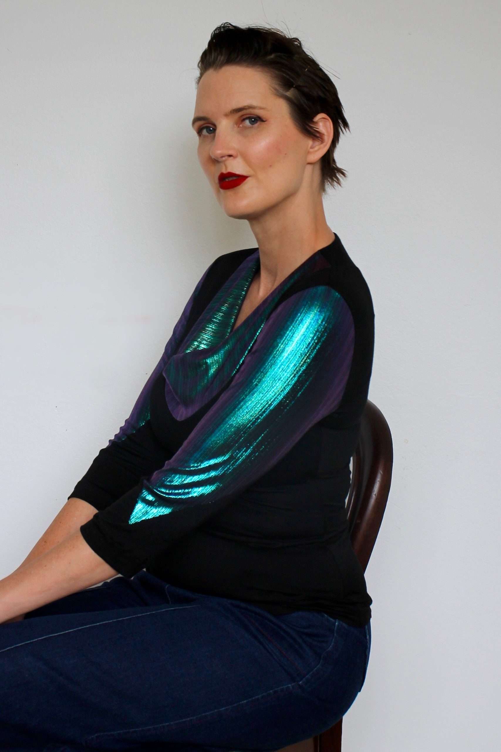 Cowl Neck Knit Top with Iridescent Blue Metallic