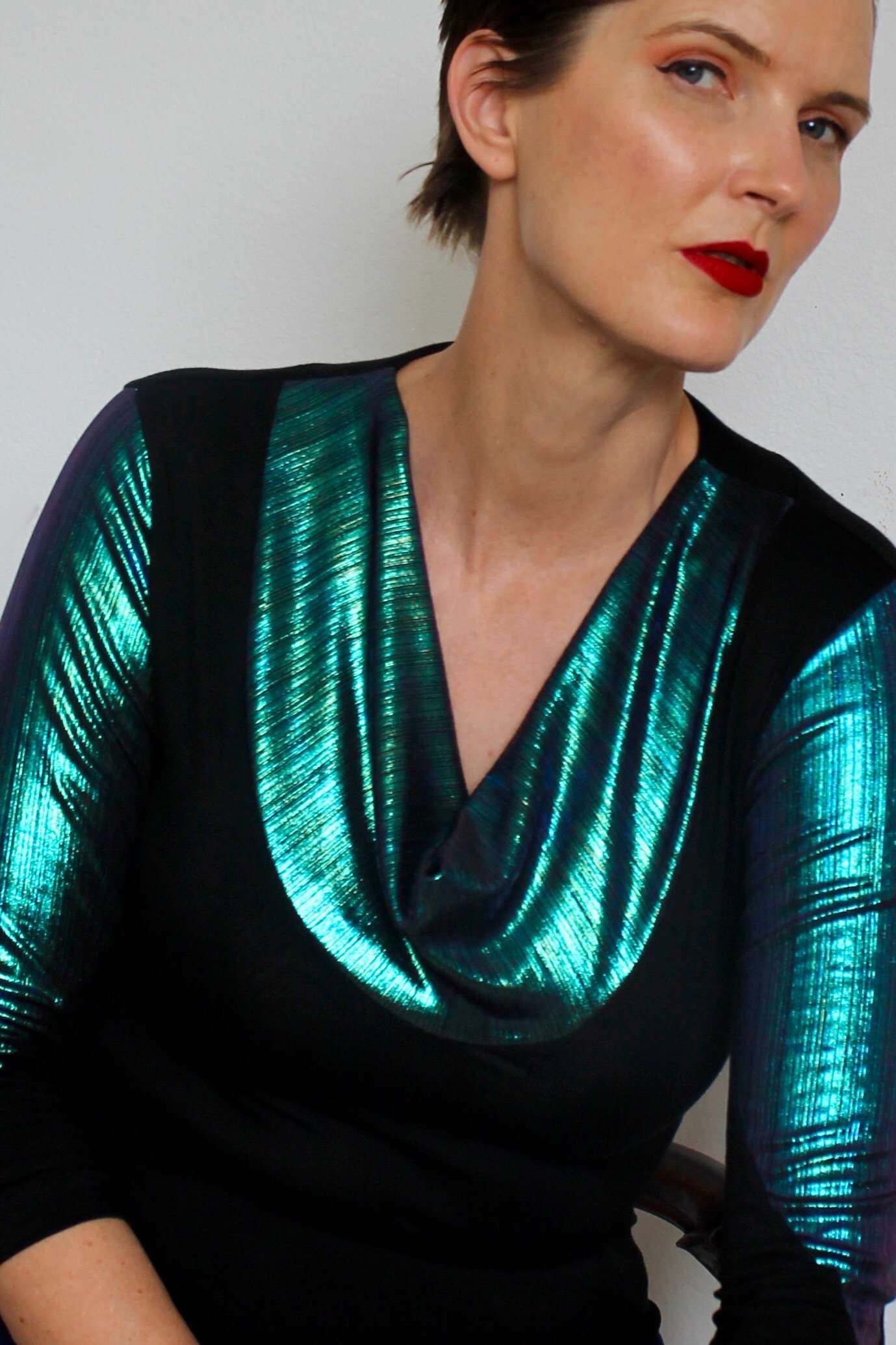 Cowl Neck Knit Top with Iridescent Blue Metallic