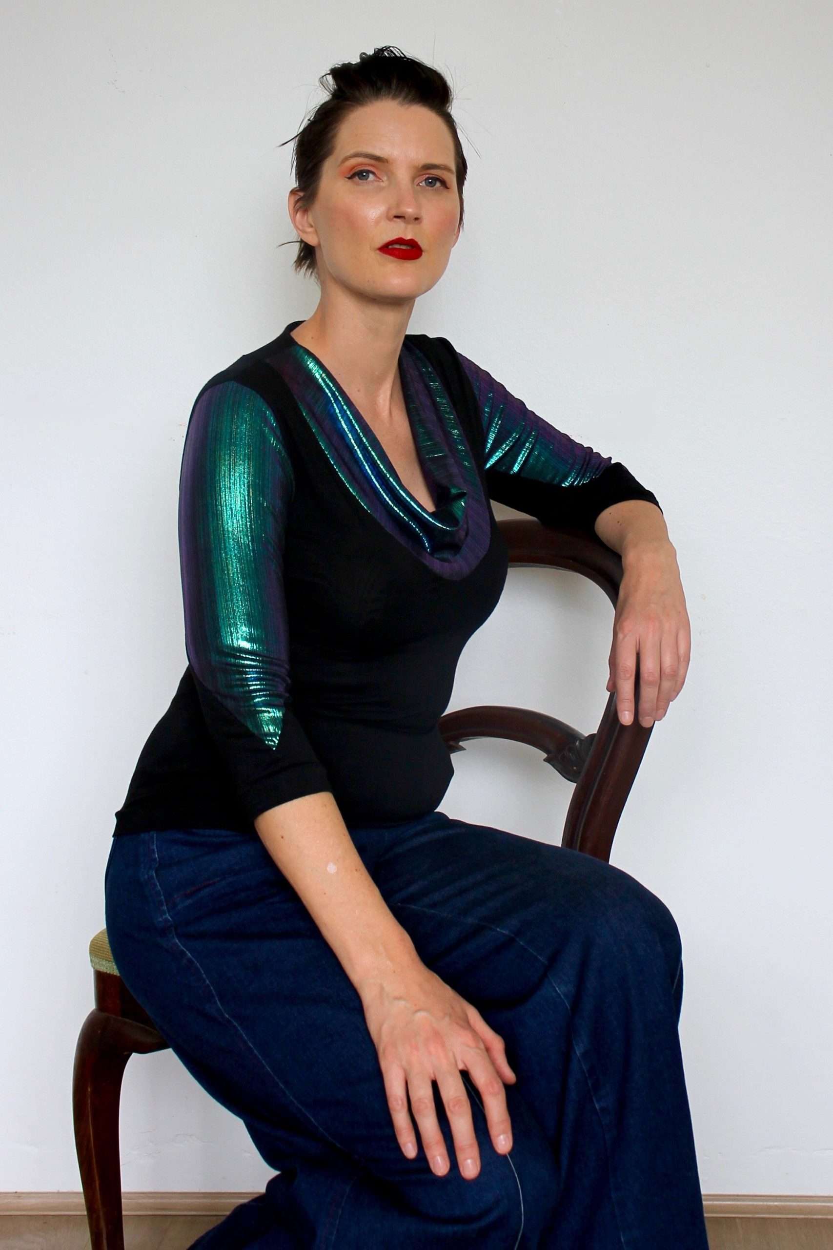 Cowl Neck Knit Top with Iridescent Blue Metallic