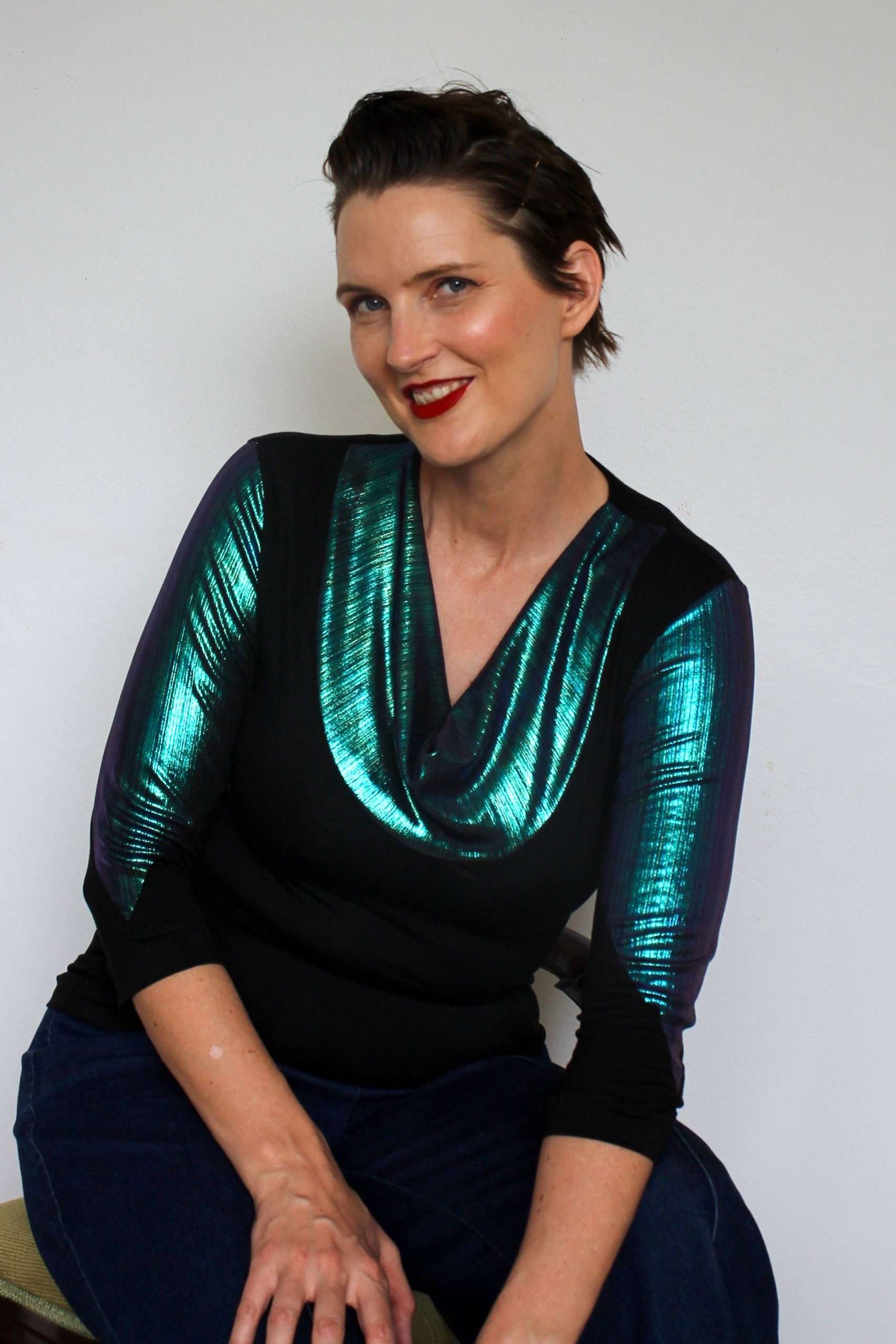 Cowl Neck Knit Top with Iridescent Blue Metallic