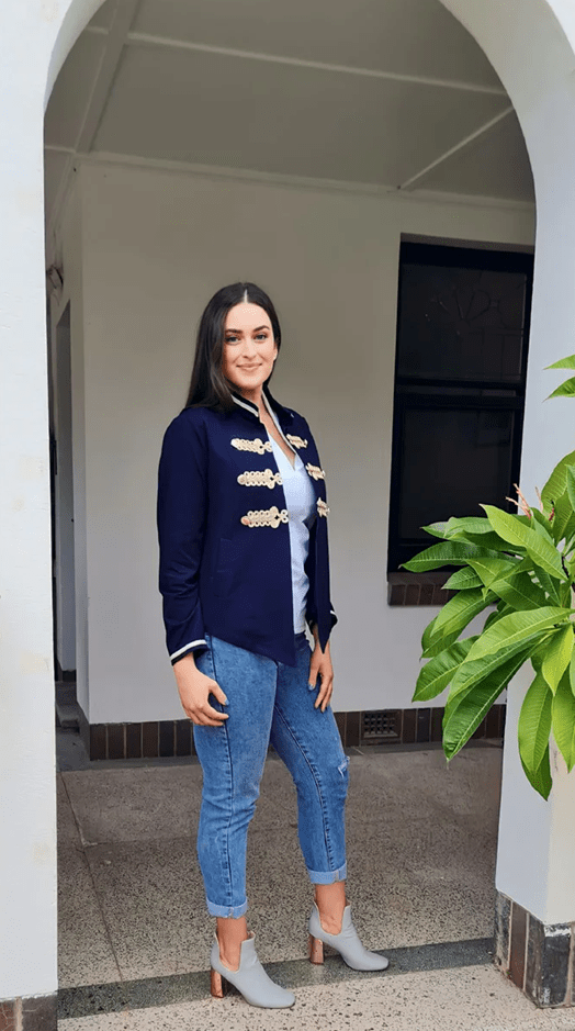 Twiggy Stretch Denim Jacket With Gold Brocade