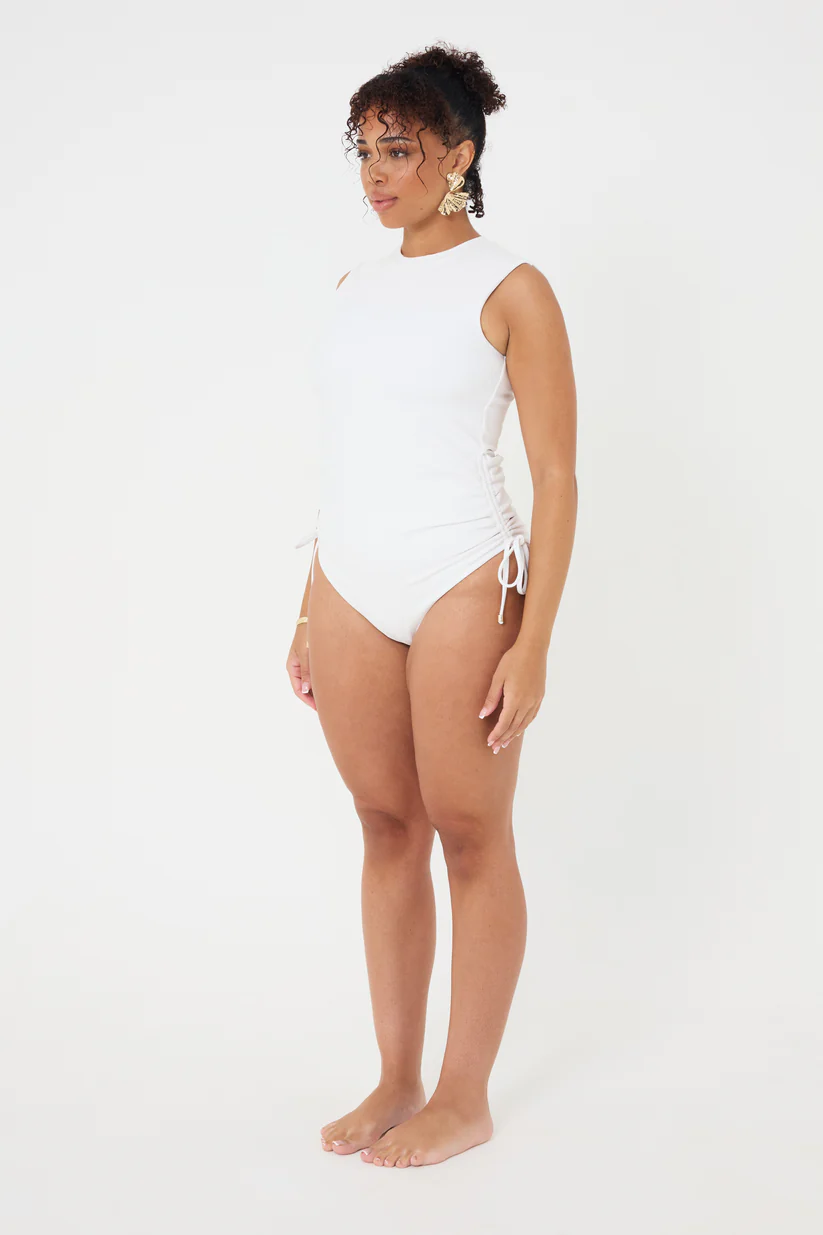 High Neck White Rib Swimsuit