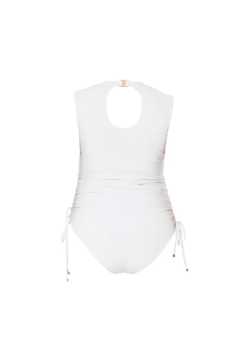 High Neck White Rib Swimsuit