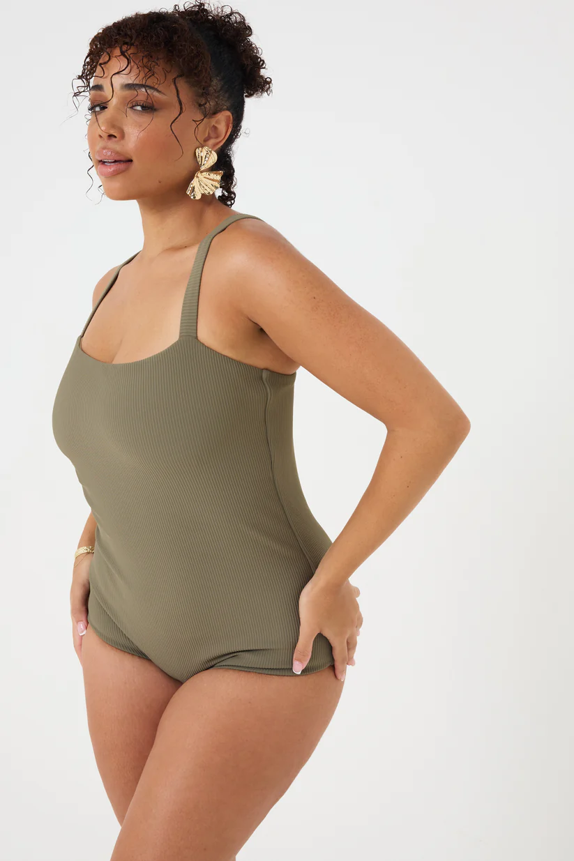 Classic Low-Cut Leg Olive Rib Swimsuit
