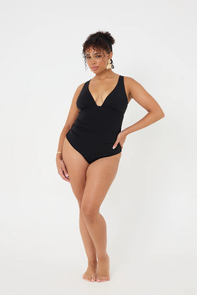 Plunging V-Neckline Smooth Black Swimsuit