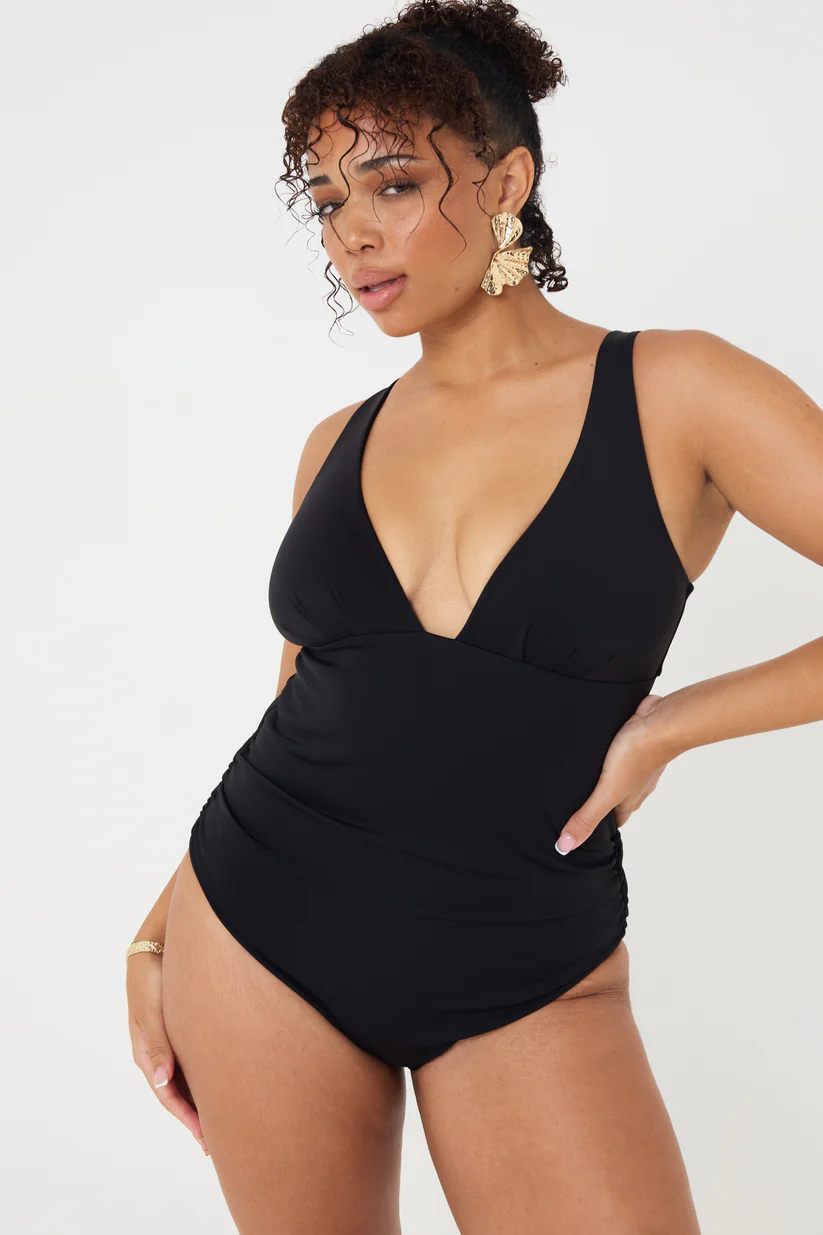 Plunging V-Neckline Smooth Black Swimsuit