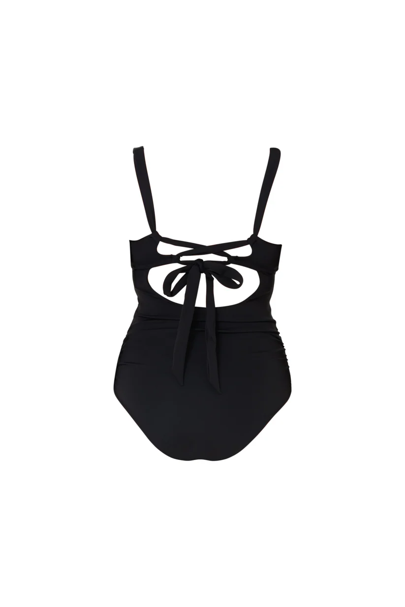 Plunging V-Neckline Smooth Black Swimsuit