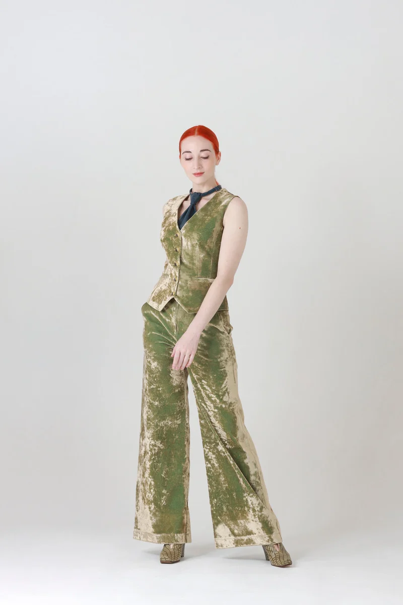 High Waisted Velvet Pants in Iridescent Green