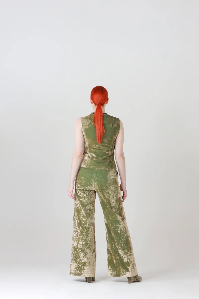 High Waisted Velvet Pants in Iridescent Green