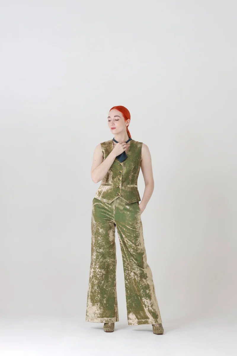 High Waisted Velvet Pants in Iridescent Green