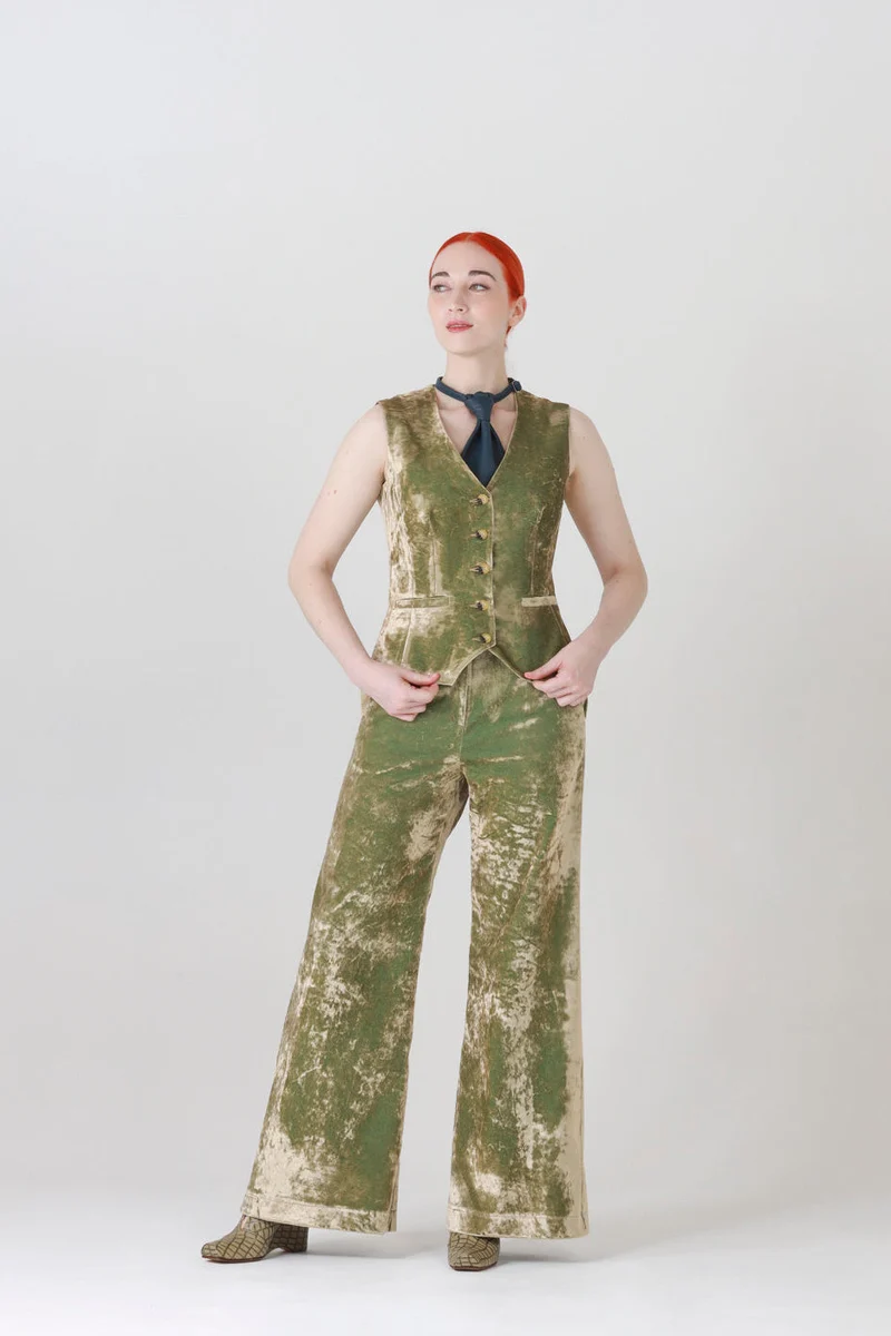 High Waisted Velvet Pants in Iridescent Green