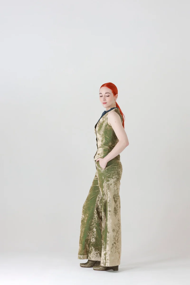 High Waisted Velvet Pants in Iridescent Green