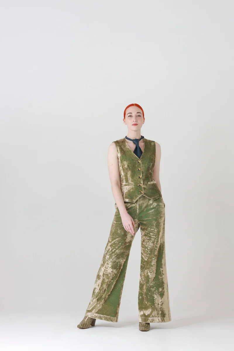 High Waisted Velvet Pants in Iridescent Green