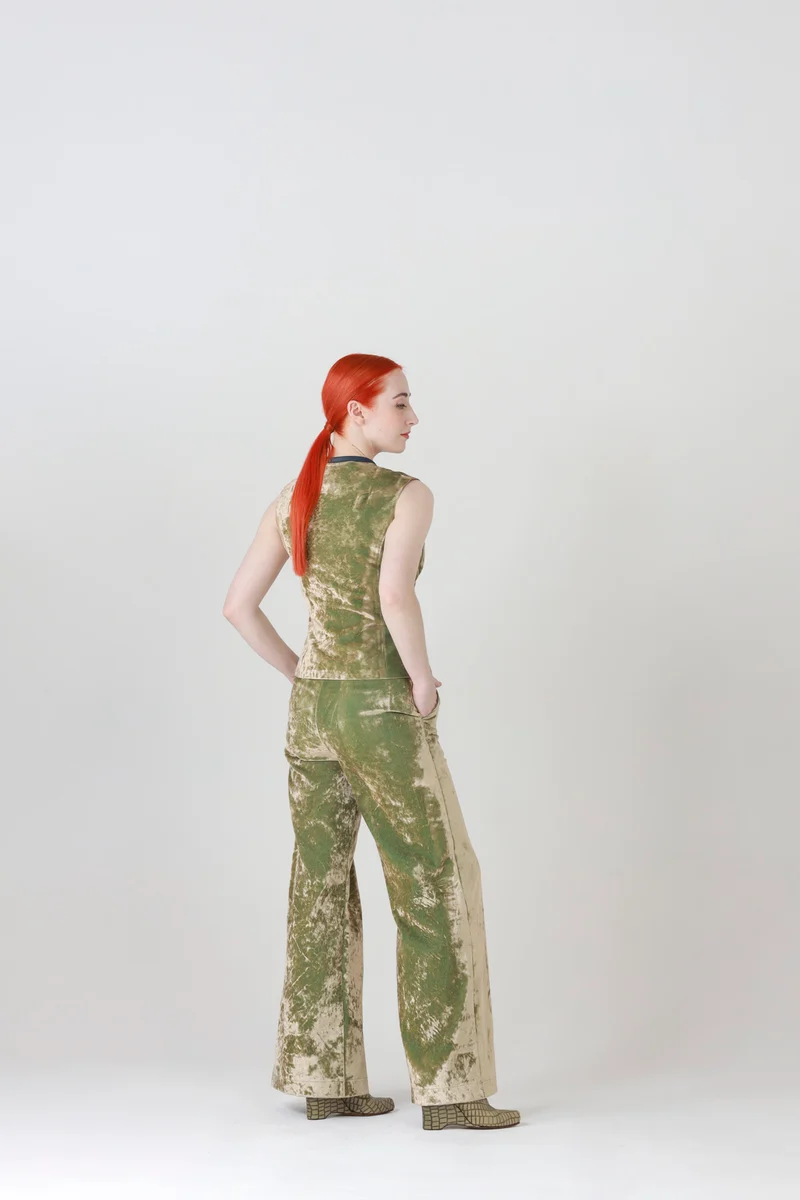 High Waisted Velvet Pants in Iridescent Green