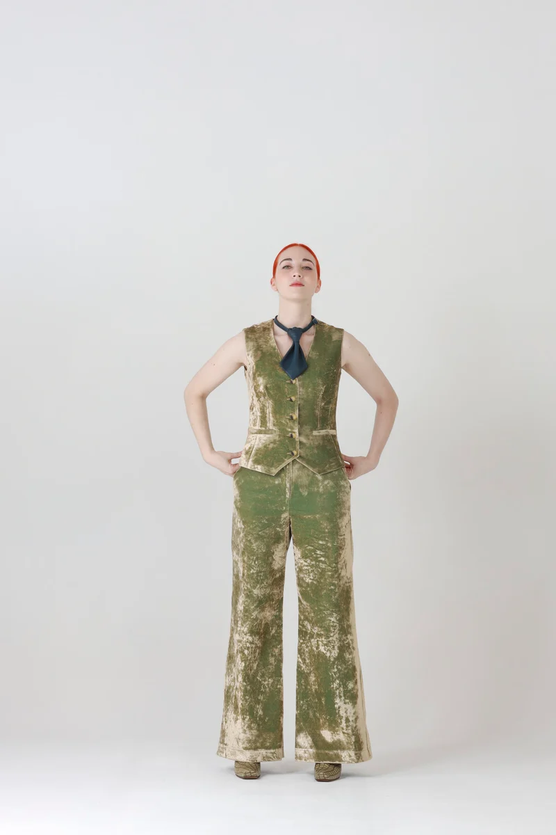 High Waisted Velvet Pants in Iridescent Green