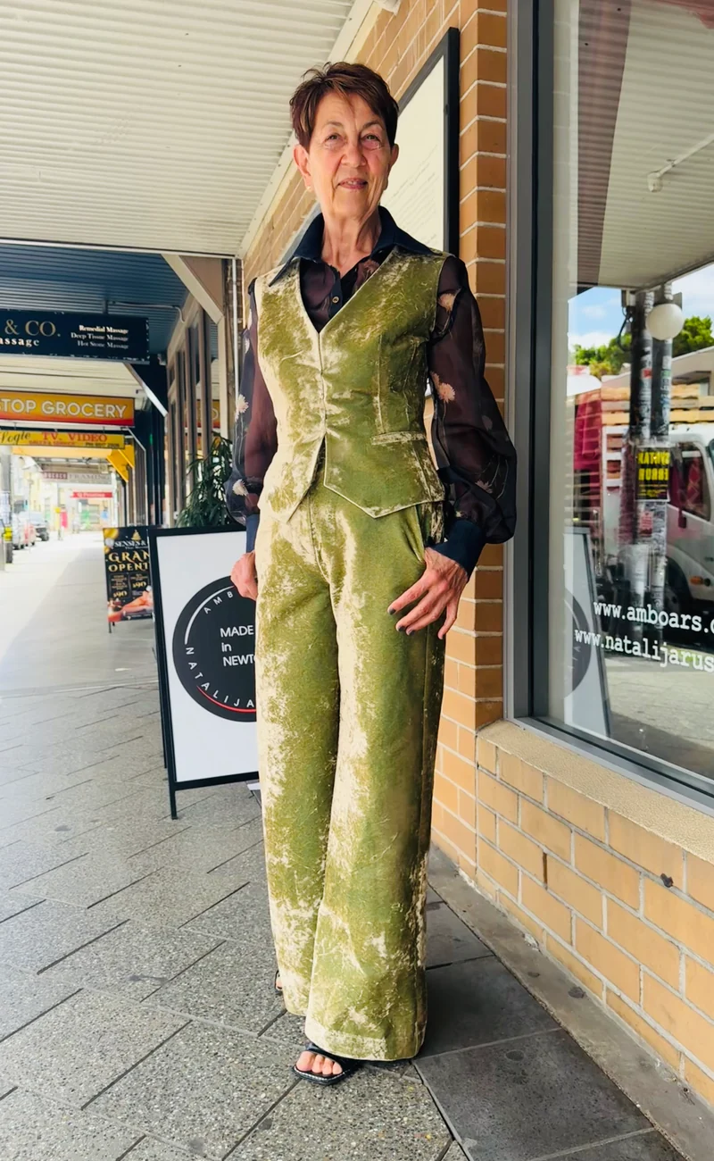 High Waisted Velvet Pants in Iridescent Green