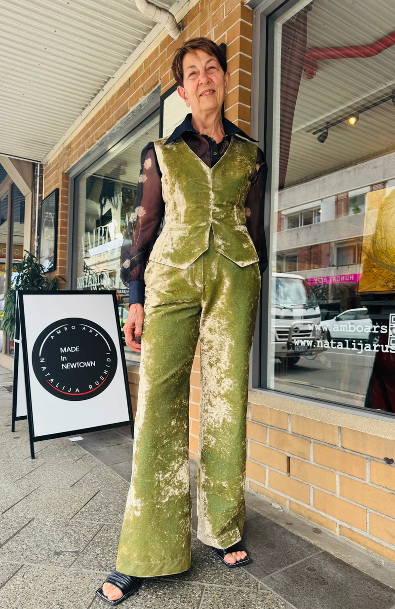 High Waisted Velvet Pants in Iridescent Green
